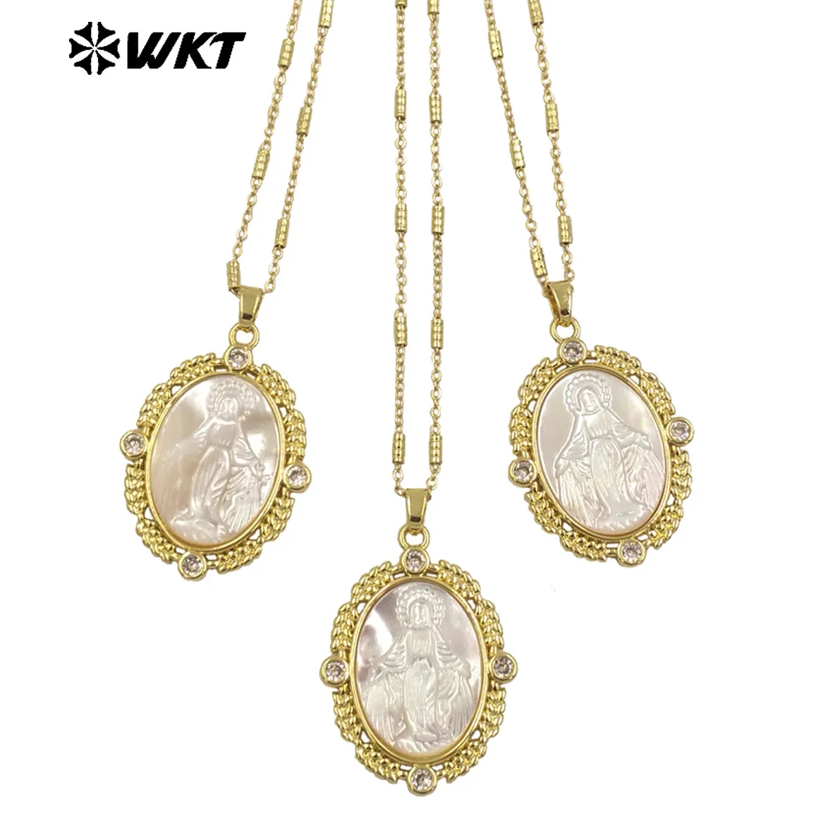 WT-JN272   2024 Vintage Metal Lace Edge Craft Natural Shell With Pattern Carved Necklace And Zircon Inlaid Exquisite Jewelry