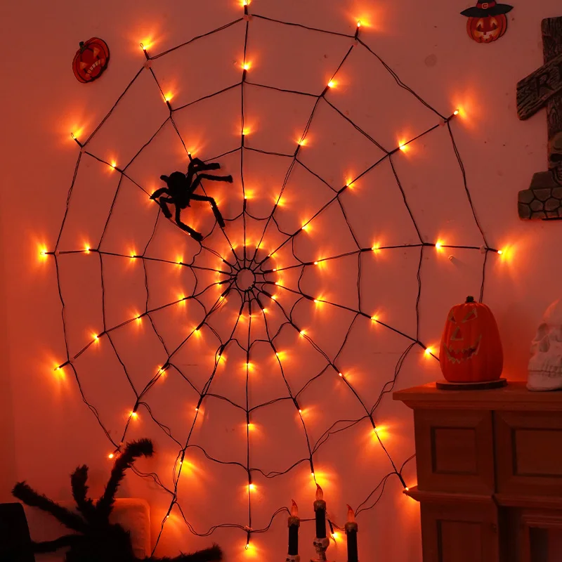 Halloween Spider Web LED String Lights, Orange Glow Spider Net Light with Black Spider for Indoor Outdoor Haunted Party Decor