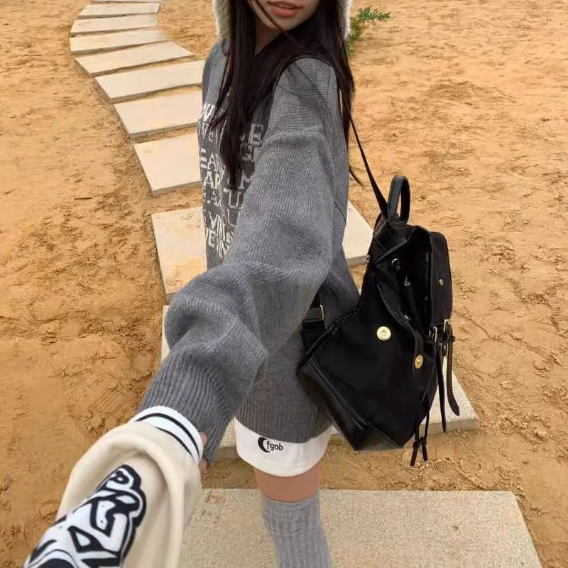 American Retro Letter O-Neck Sweaters Female Clothing Casual Loose Autumn Winter Long Sleeve Fashionable Basic Knitted Pullovers