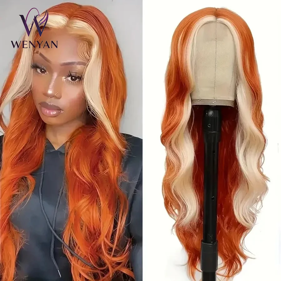 28inch Ginger Orange Wig with Blonde Highlights Lace Wig Blonde Skunk Stripe Long Wigs Heat Resistant Fiber Hair Synthetic