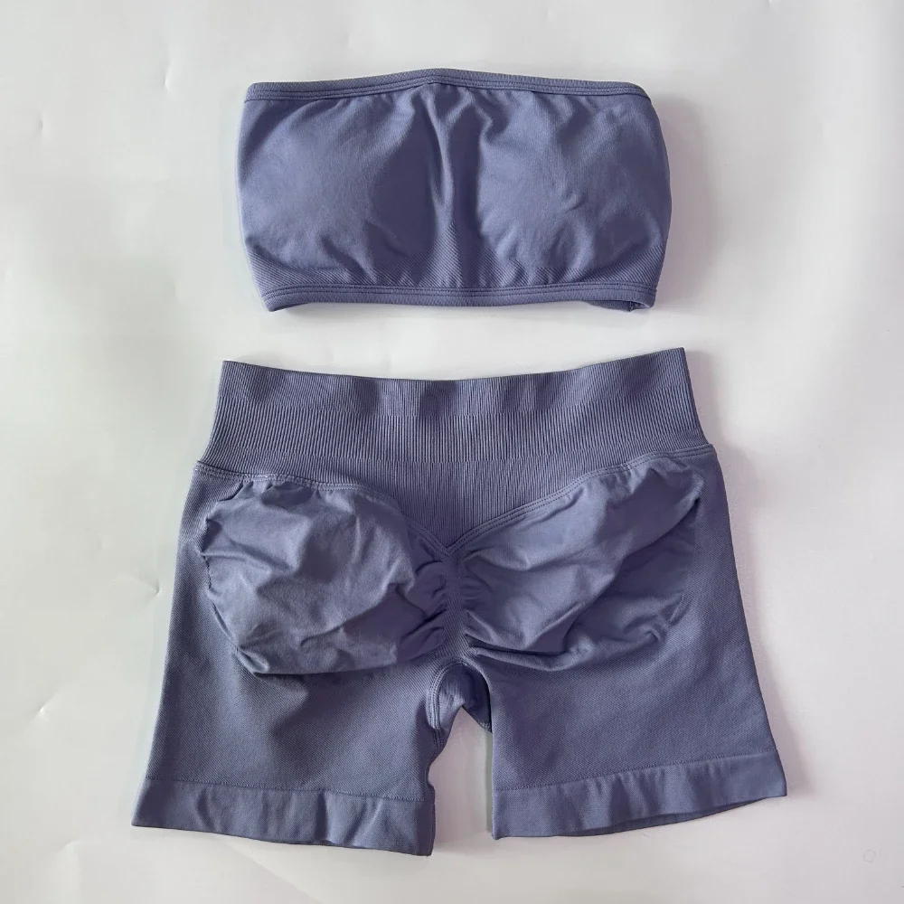 2-teiliges Impact Yoga Set für Damen, rückenfreier Bandeau-Sport-BH, Scrunch-Shorts, Yoga-Kleidung, Trainingskleidung, Outfits, Sets, Fitness-Set – Detail 16
