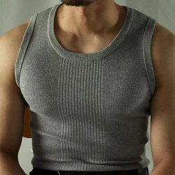 Men Streetwear Casual Solid Color Knitted Vest Sports Gym Bottoming Shirt Autumn Essential Ribbed Tank Top Slim Sleeveless Tees