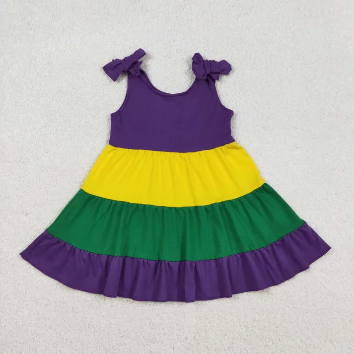 

Purple Yellow Green Color Girls Mardi Gras Knee Length Dress