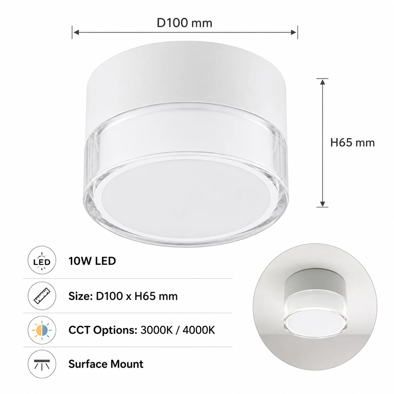 JOYINLED Surface Mounted Downlight with Acrylic Lampshade 10W Creative Cylindrical Flat SpotlightLed Can Lights Ceiling Lamp