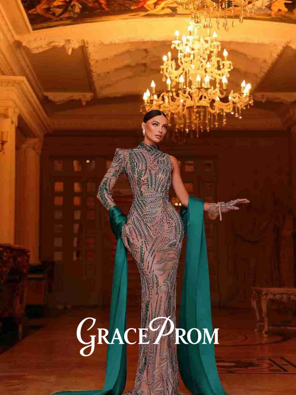 그레이스프롬 우아한 하이넥 이브닝 드레스 2026 정교한 텍스처 카펫 가운 트렌디 A라인 플로어 길이 파티 가운