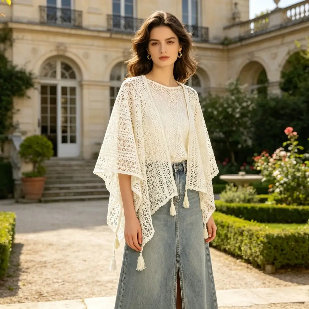 

Versatile Tassel Hollowed-out Knitwear Bohemian Sunscreen Vacation Style Shawl Ethnic Style Beach Wear Women Cape Summer Season