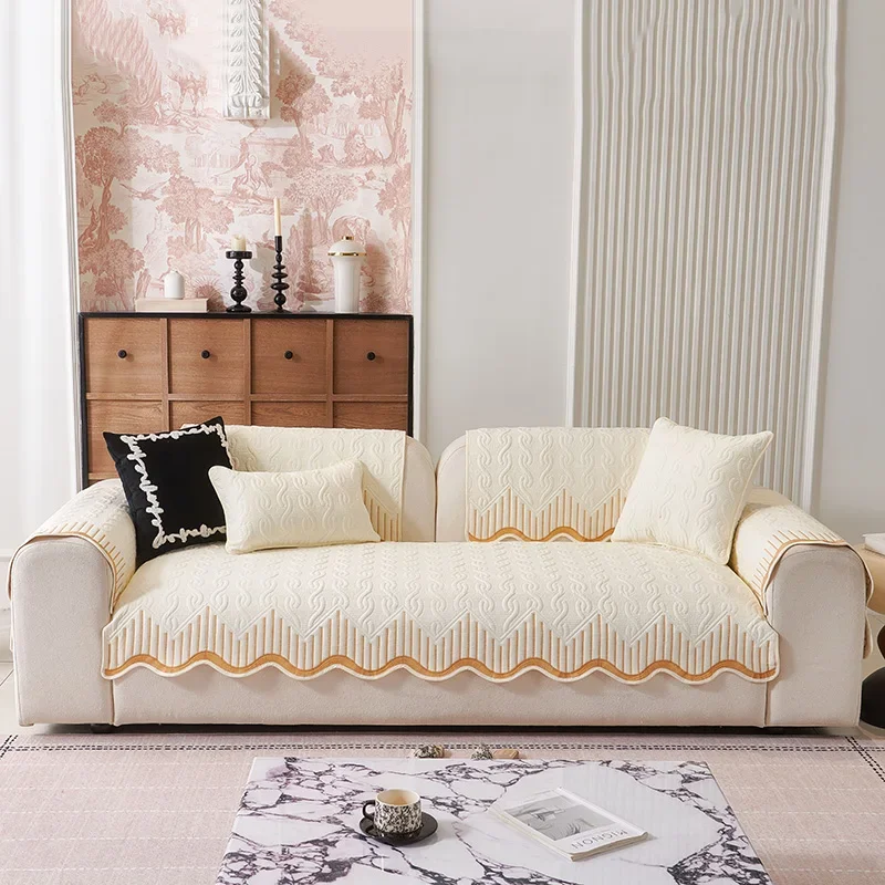 100% Cotton Sofa Cushion Breathable Quilted Couch Cover Thickened Wavy Edge Furniture Protector Non-Slip Recliner Armchair Mat