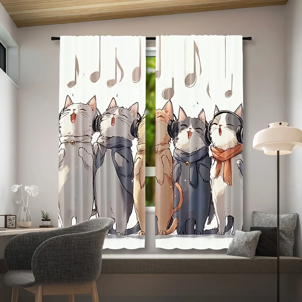 Cute Musical Kitten Headset Window Curtains 2 Panels, Singing Cat Melody Note Light Base Drapes for Kids Girl Bedroom Decoration