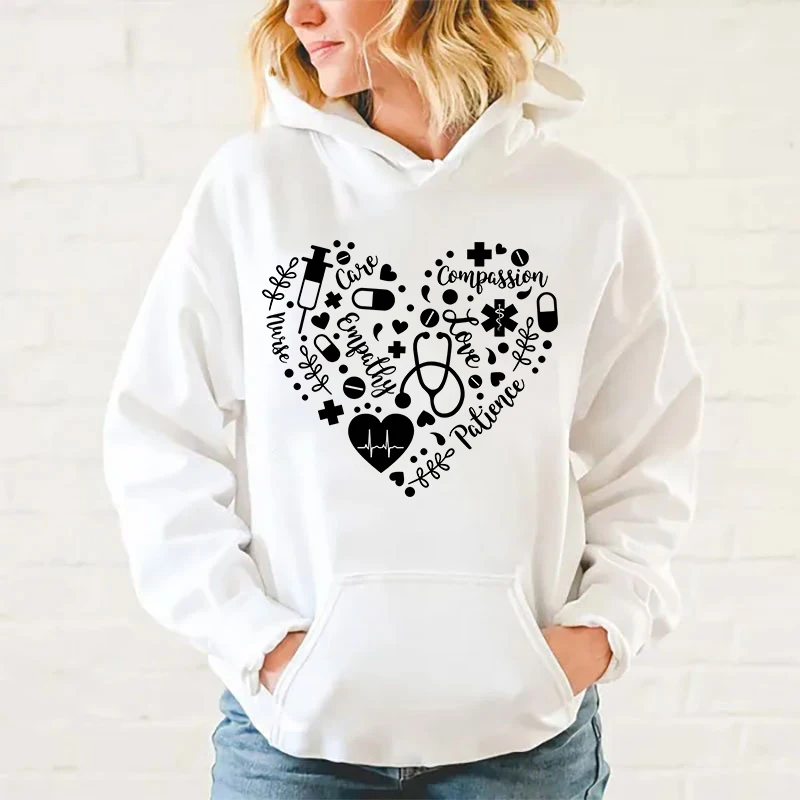 New International Nurses\' Day Nurse Love Printing Hoodies Loose Sweatshirt Women Men Personality Long Sleeve Casual Tops