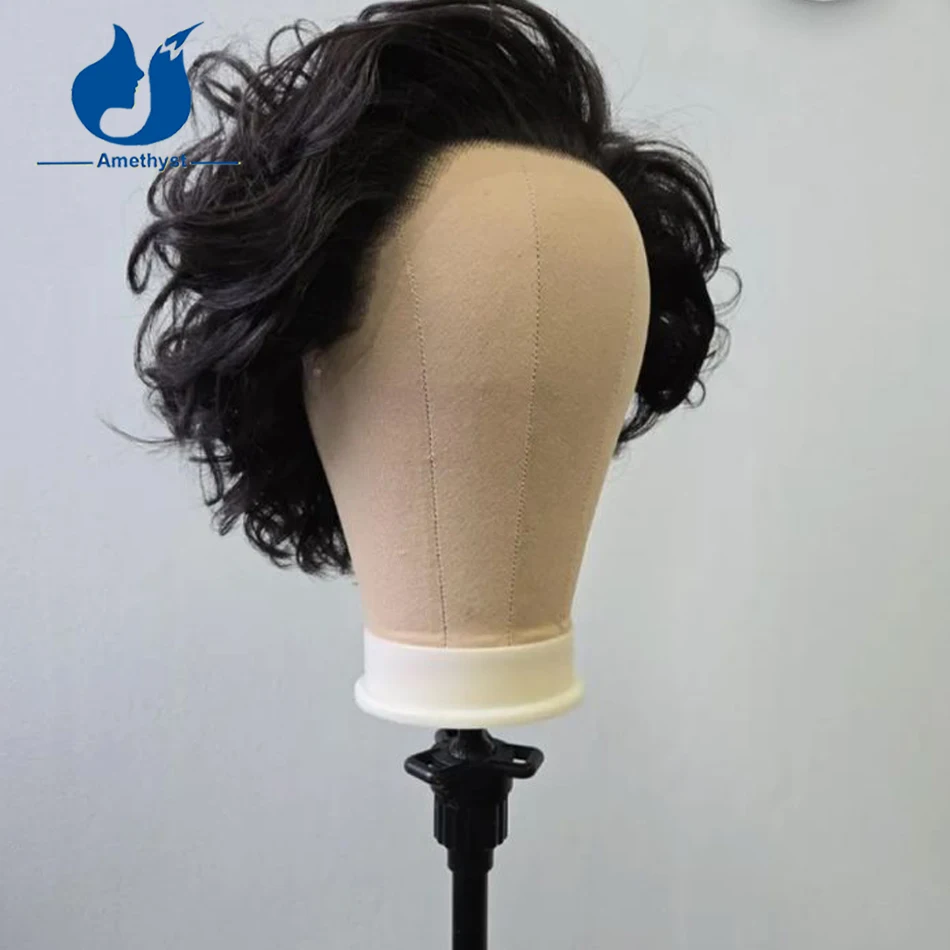 Amethyst Brazilian Remy Natural Curly Human Hair Wig for Men 13x6 Lace Front Wig Short Bob Pixie Cut Pre-Plucked Bleached Knots