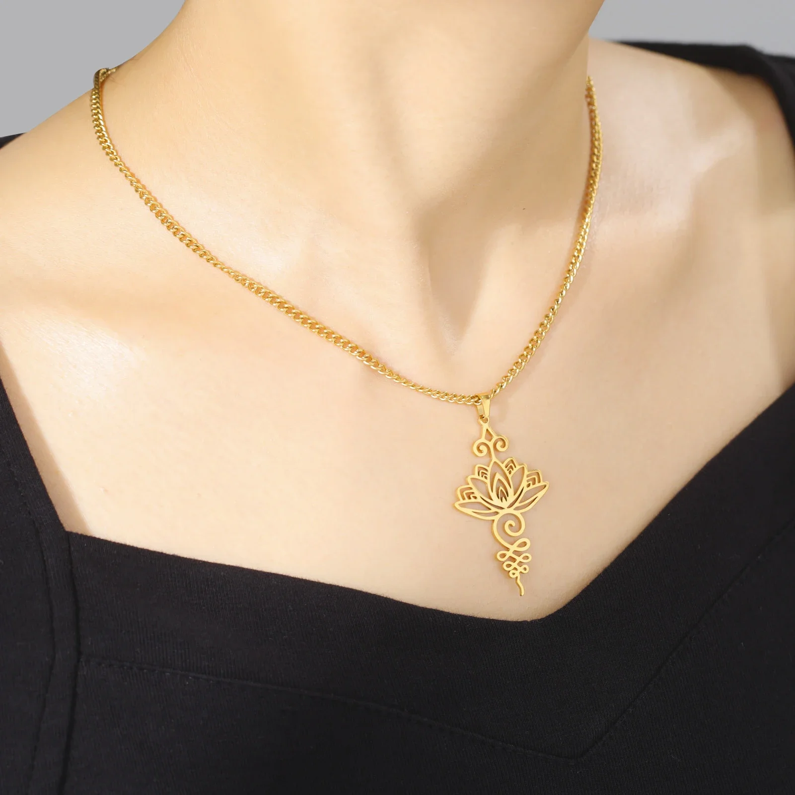 Skyrim Unalome Lotus Flower Pendant Necklace Stainless Steel Gold Color Chain for Women Yoga Buddhism Spiritual Jewelry Gift