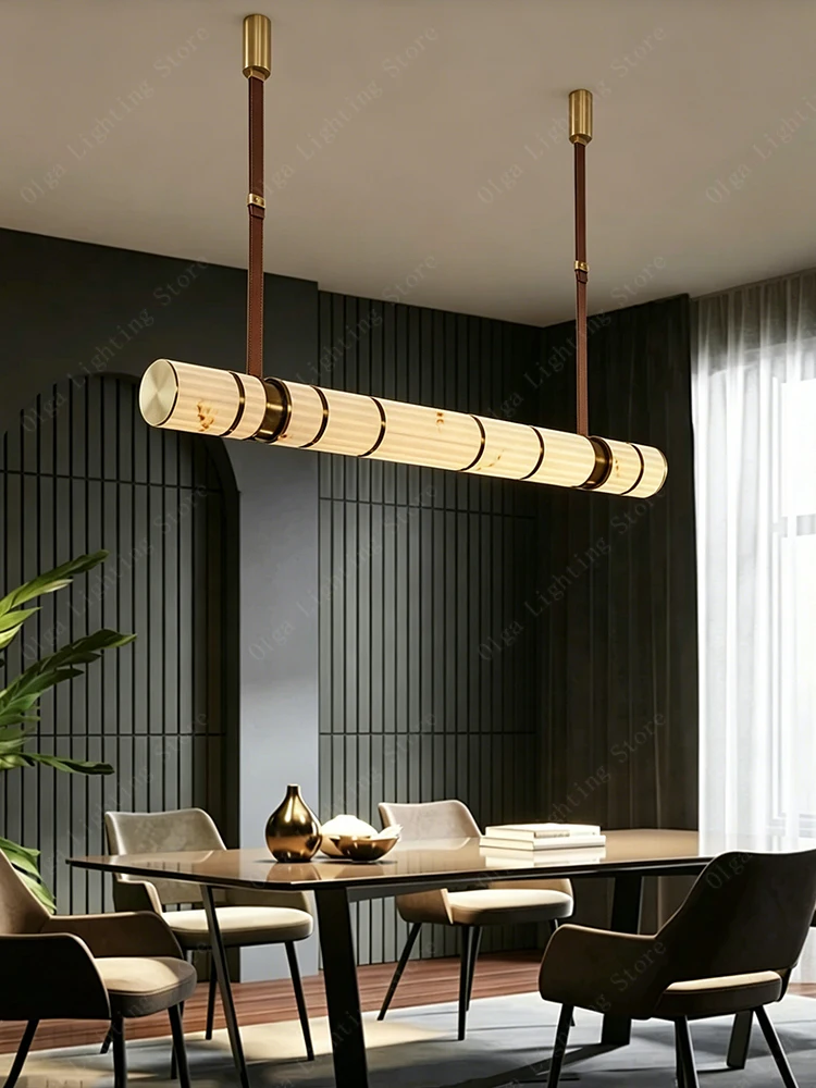 Luxury Imitation Marble Black Chandelier with Leather Strap，Modern Long LED Pendant Light Fixture for Dining Room