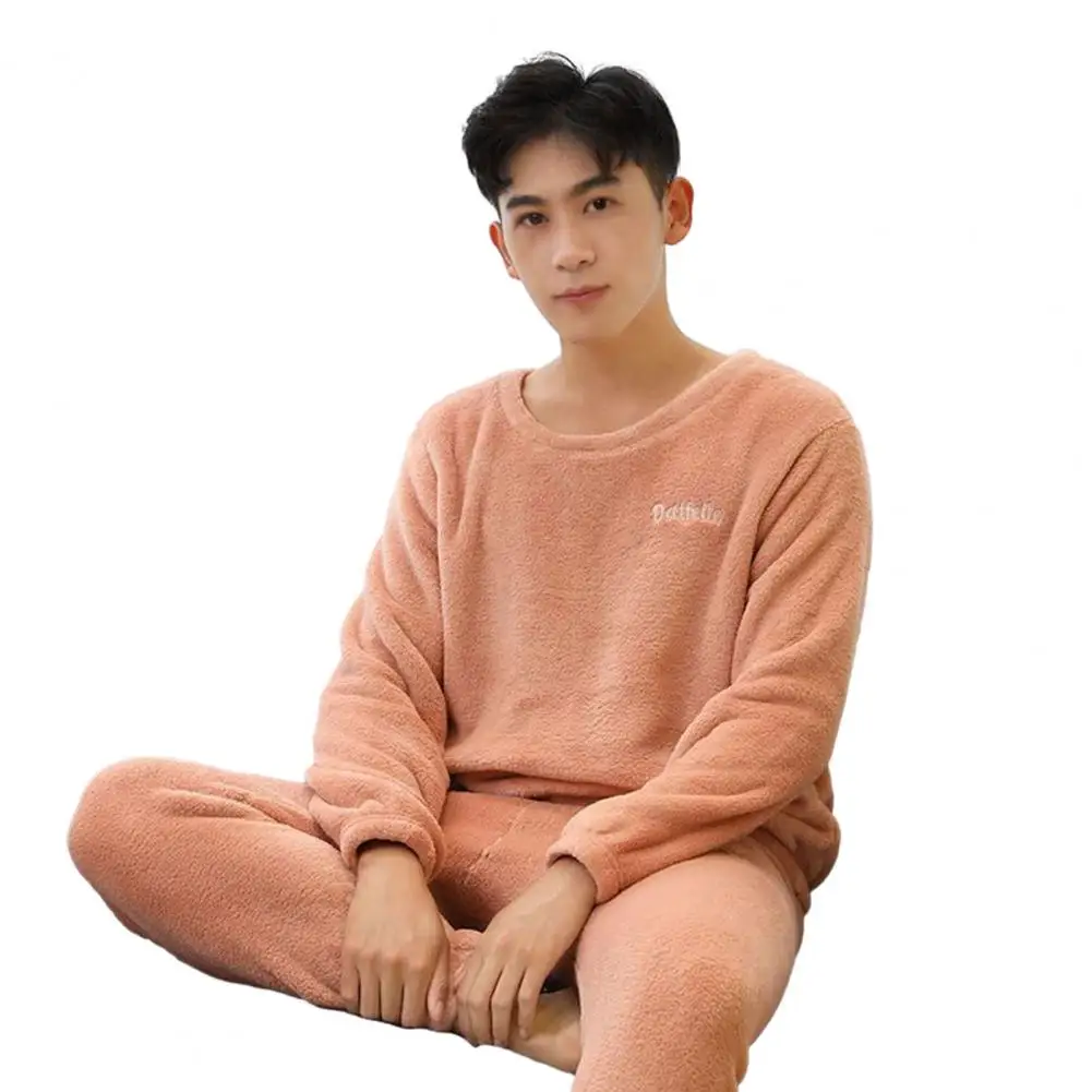 Thickened Pajamas Set Thick Fleece Winter Men's Pajamas Set with Thermal Cold Resistant Round Neck Top Elastic Waist for Cozy