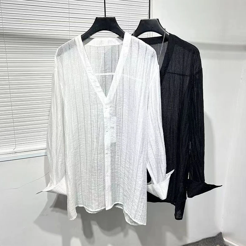 Transparent Thin Mesh Tops Men Vintage Button-up V Neck Shirts For Mens Long Sleeve Solid Color Cardigan Spring Men\'s Clothing