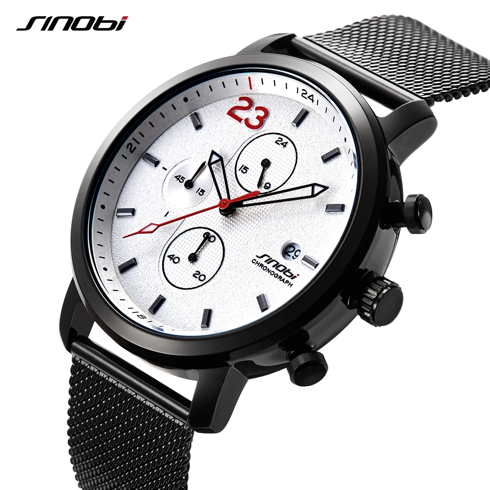 SINOBI Chronograph Fashion Men's Watches Business Stainless Steel Mesh Band Male Quartz Wristwatch Men's Clock Reloj Hombre