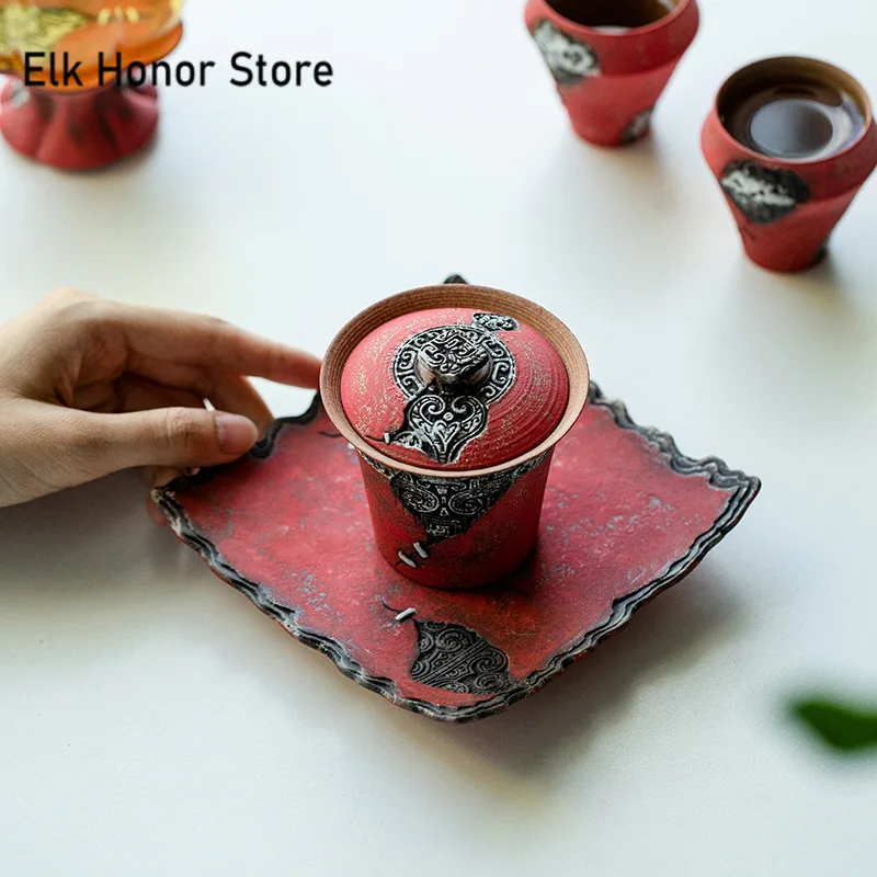 Handmade Curium Nail Square Pot Bearing Holder Creative Taotie Dry Brew Table Tea Tray Fruit Snack Plate Teaset Accessories Gift