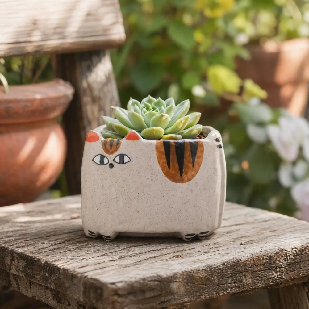 Drainage Hole Pot Cute Cat Planter Ceramic Flowerpot with Drainage Hole Cartoon Kitty Garden Pot for Succulents Indoor Outdoor