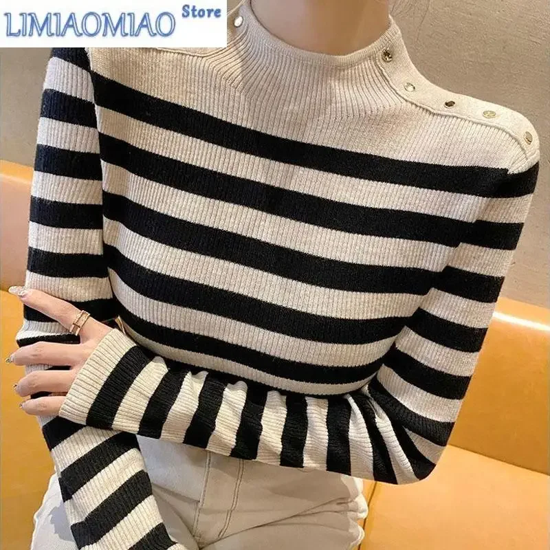 

Autumn and Winter Fashion Korean Edition Color Block Stripe Half High Neck Bottom Sweater Slim Fit Versatile Western Knitted Top