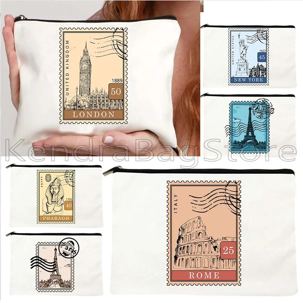 London New York Paris Pharaoh Egypt Rome Italy Postages Stamps Art Cute Gift Canvas Cosmetic Makeup Bag Pencil Case Zipper Pouch