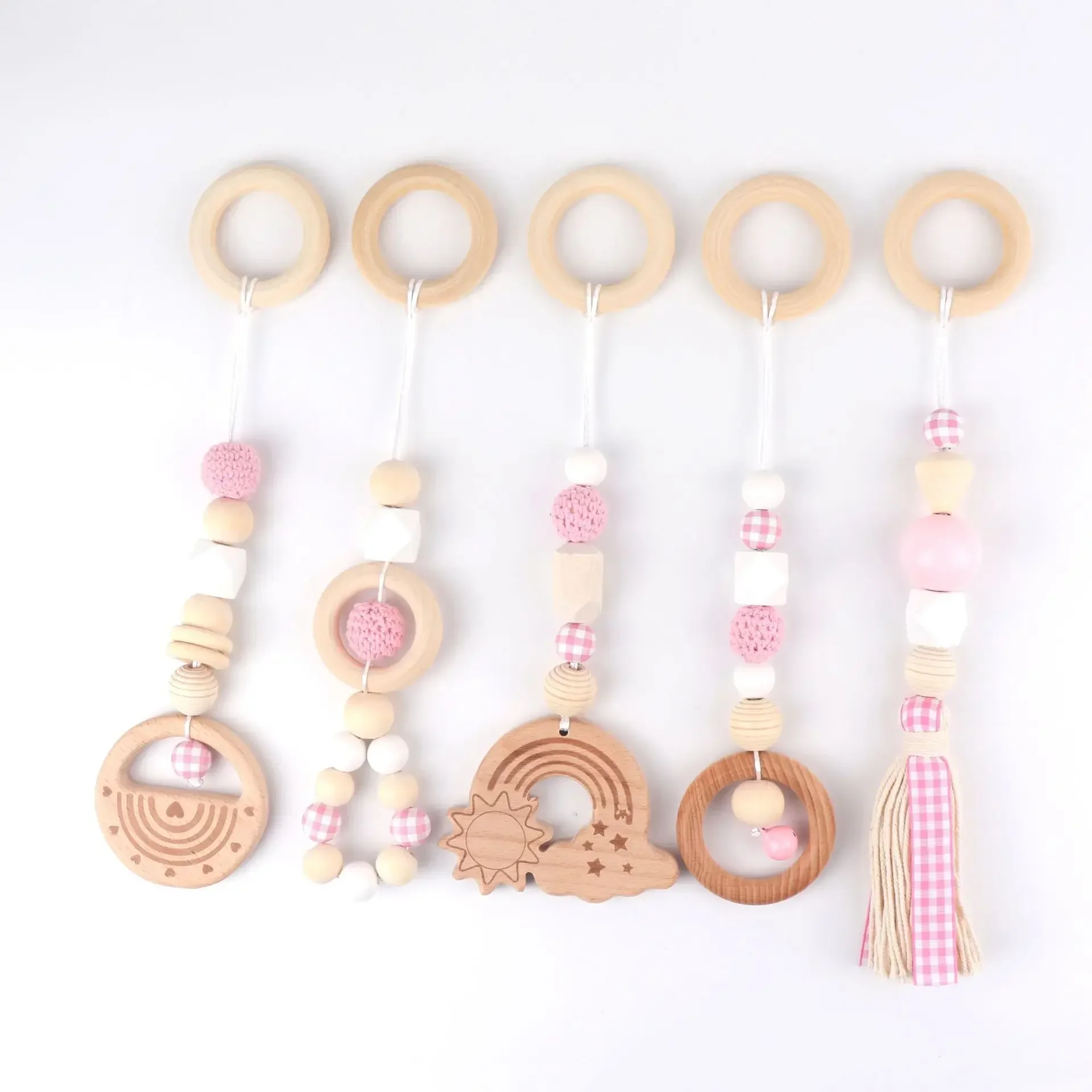 5pcs Baby Play Gym Frame Wooden Beech Activity Gym Frame Stroller Hanging Pendants Toys Teether Ring Nursing Rattle Room Decor