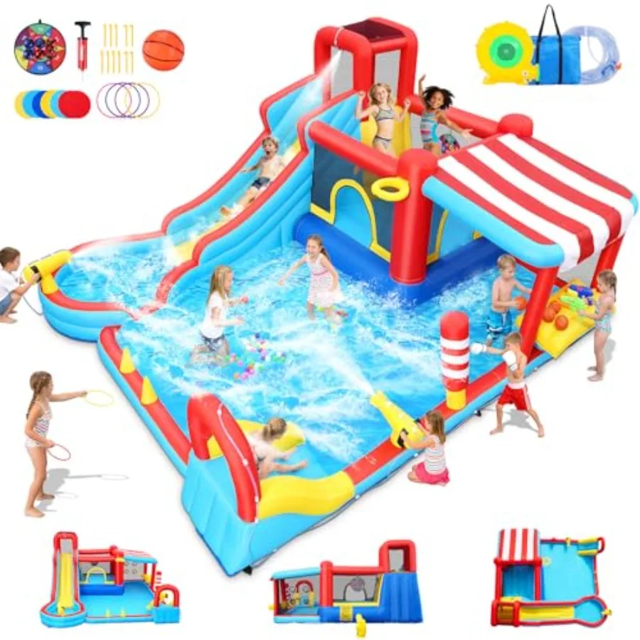 

Outdoor inflatable water slide park for big kids: PVC material blue and yellow 18-in-1 with dual slides splash pool water canno