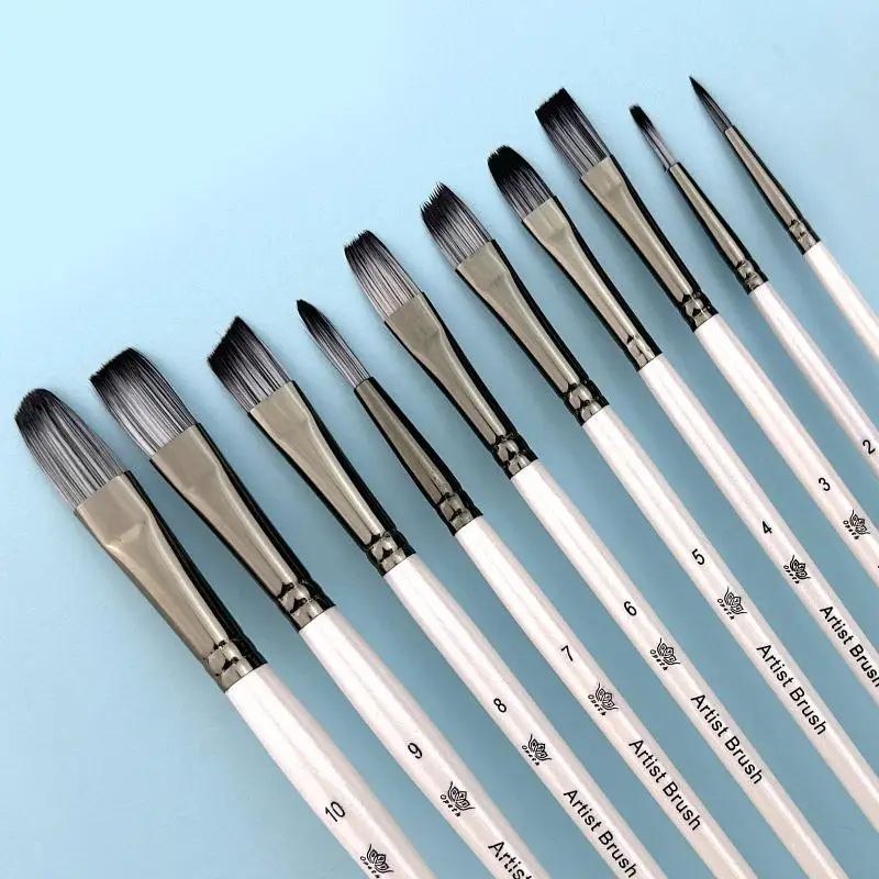 Professional Paint Brushes 10 Pcs Flat Round Pointed Nylon Bristle Easy Clean for Watercolor Oil Painting Hobby