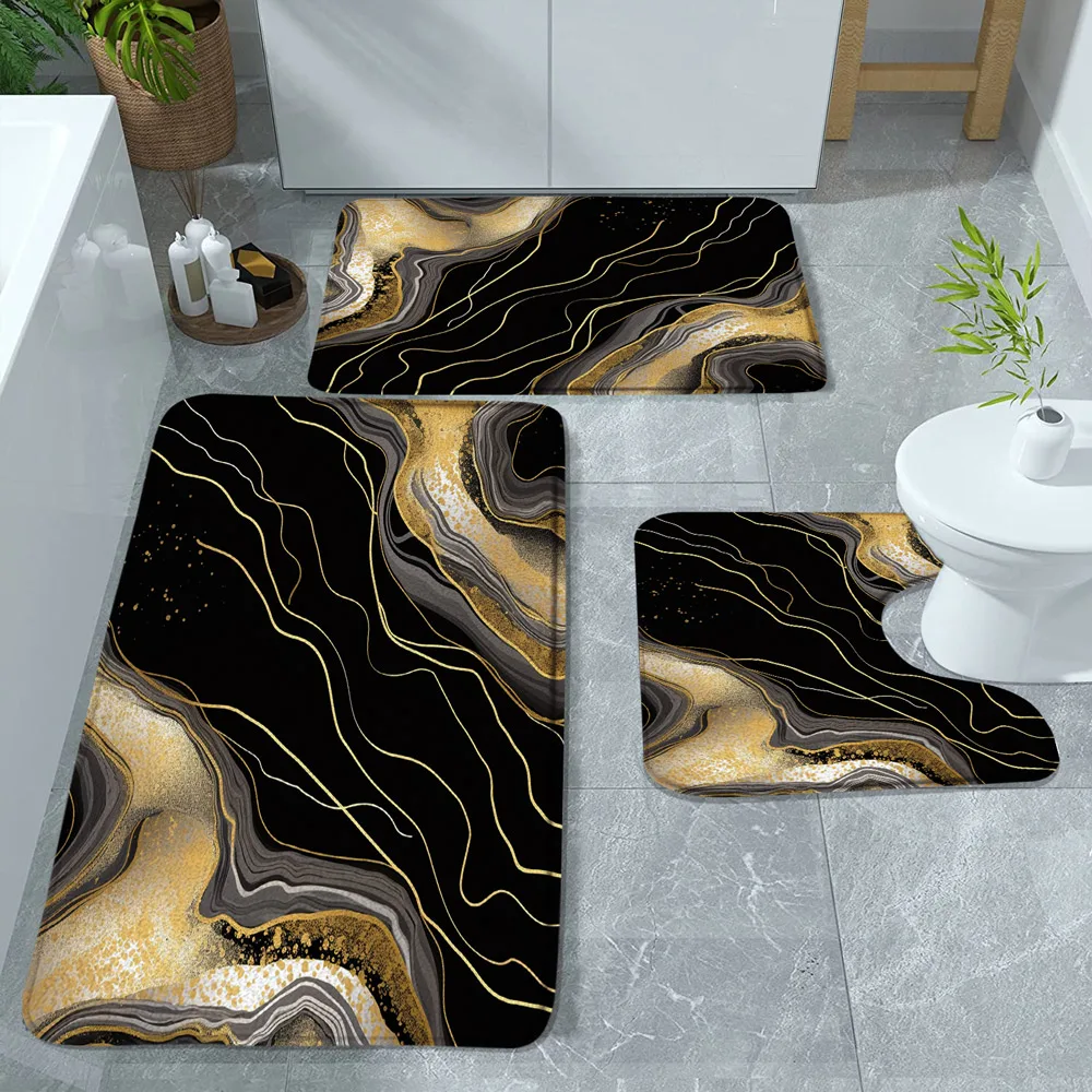 Abstract Marble Bath Mat 3pcs Stone Texture Crack Creative Art Black Grey Modern Classic Bathroom Decor Rugs Flannel Carpet