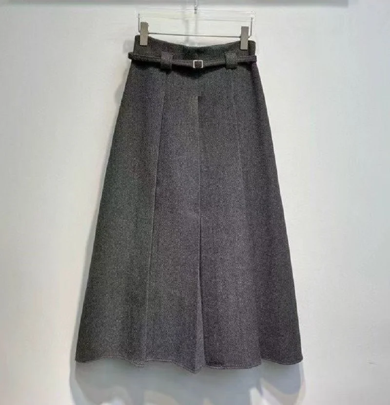 Gonne lunghe di nuovo arrivo 2025 Moda invernale Donna Cintura Patchwork Casual Party Lungo Maxi Khaki Grigio Nero Gonne a pieghe di lana