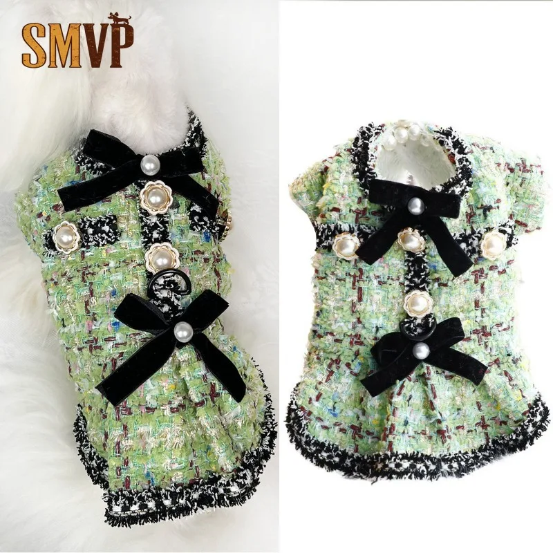 Green Tweed Fleece Lined Pet Vest Pearl Bow Decor Warm Thick Autumn Winter Belly Wrapped Outerwear for Small Pets Clothes