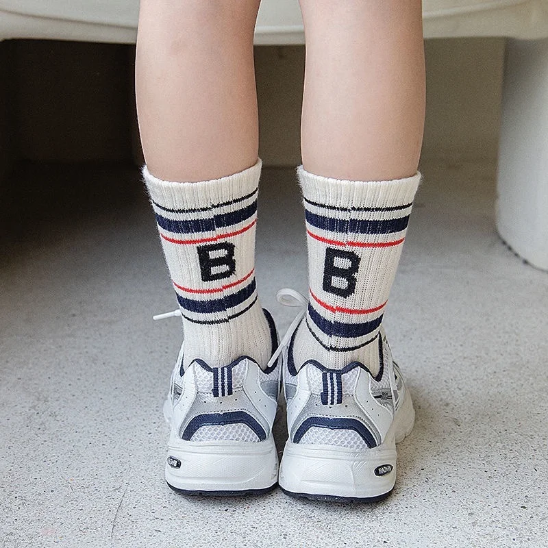 Fashion Korean  Kids Boy Sock School Simplicity Calf Sock for Children Boy Four Season Cotton Letter B Sports Socks