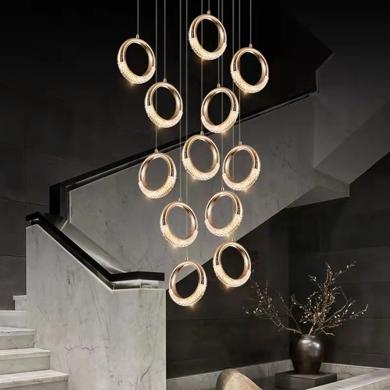 Postmodern Villa Stair Long Chandelier Light Luxury Duplex Building Rotating Gold Plated Dining Room Hanging Lamps For Ceiling