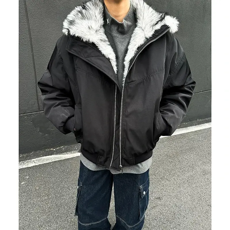 Winter New American Fashion Vntage Fur Collar Casual Cotton-padded Men Y2K Harajuku Gothic Hip-hop Plus Velvet Padded Coat