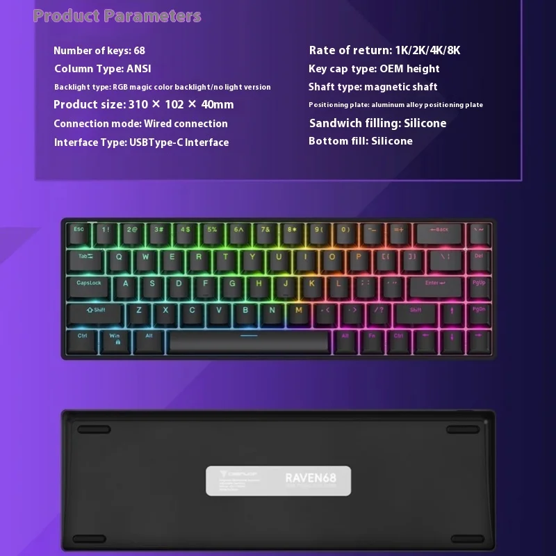 Raven68 Magnetic Axis Keyboard Gaming Trigger Adjustable Key Travel 8k Return Rate Hall Element Pubg Valoran Gaming Keyboard