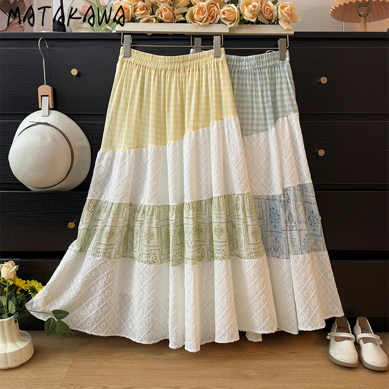 

Matakawa Sweet Japanese Style Long Skirts Spring Summer Print Floral Patchwork Women Skirts Vintage Fashion Faldas Mujer