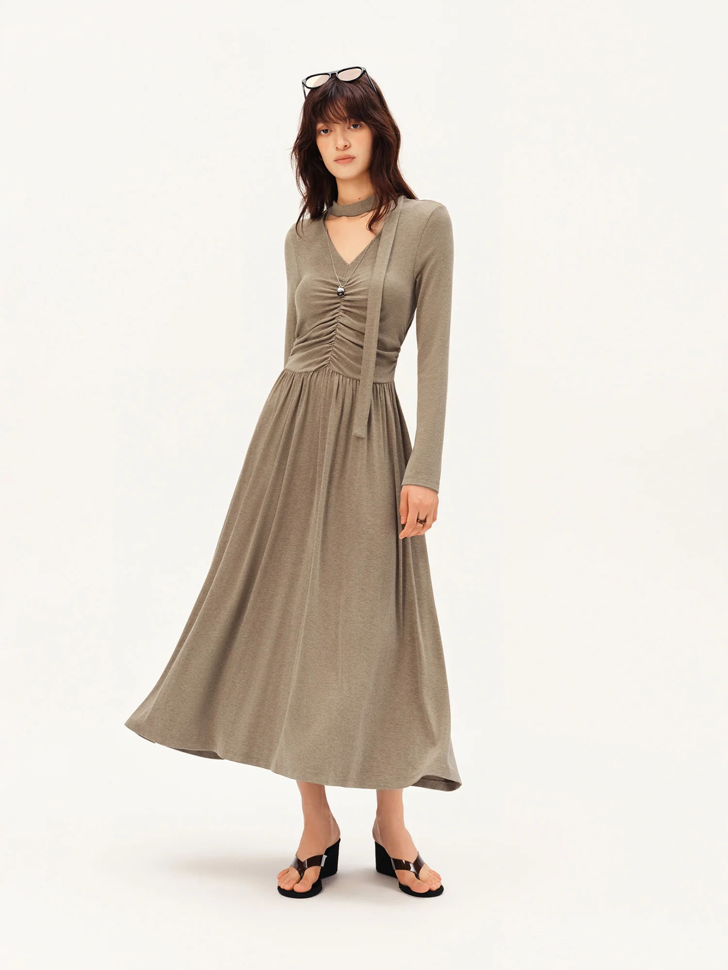 ZIQIAO Mousse Velvet V-neck Ribbed Waist Elastic Knit A-line Dress for Women 2026 Autumn New Arrival Maxi-length