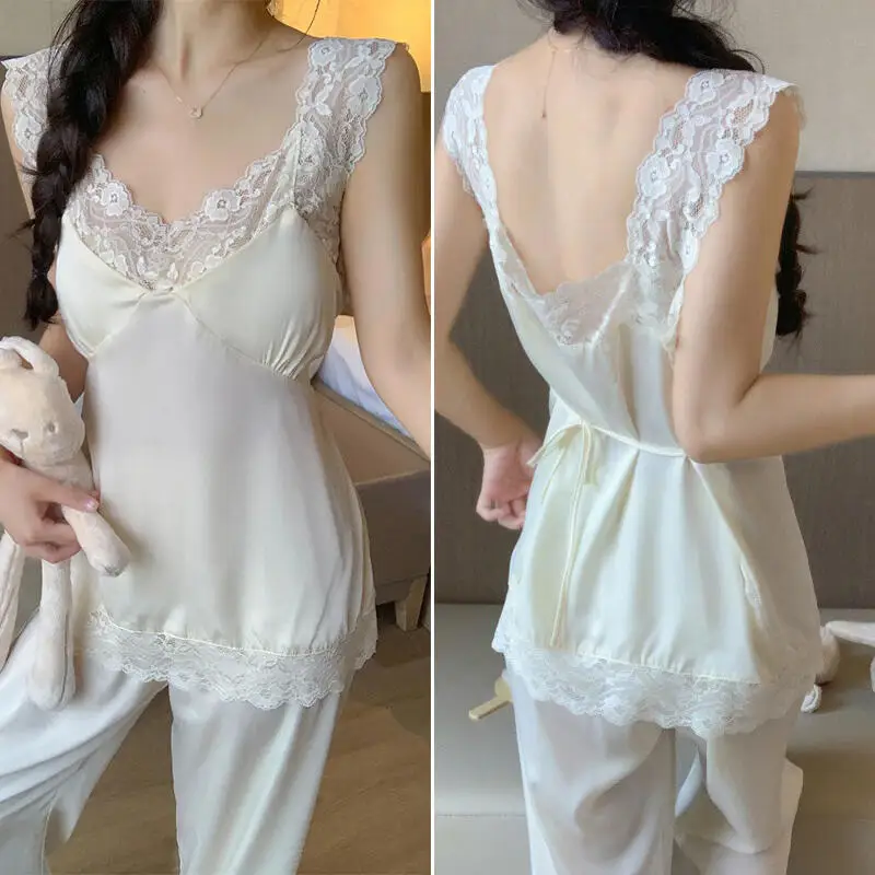 

Lady Sexy Satin Sleepwear Backless Lace Trim Pajamas Suit 2Pcs Sleeveless Top Pant Summer New Home Clothes Nightgown Loungewear