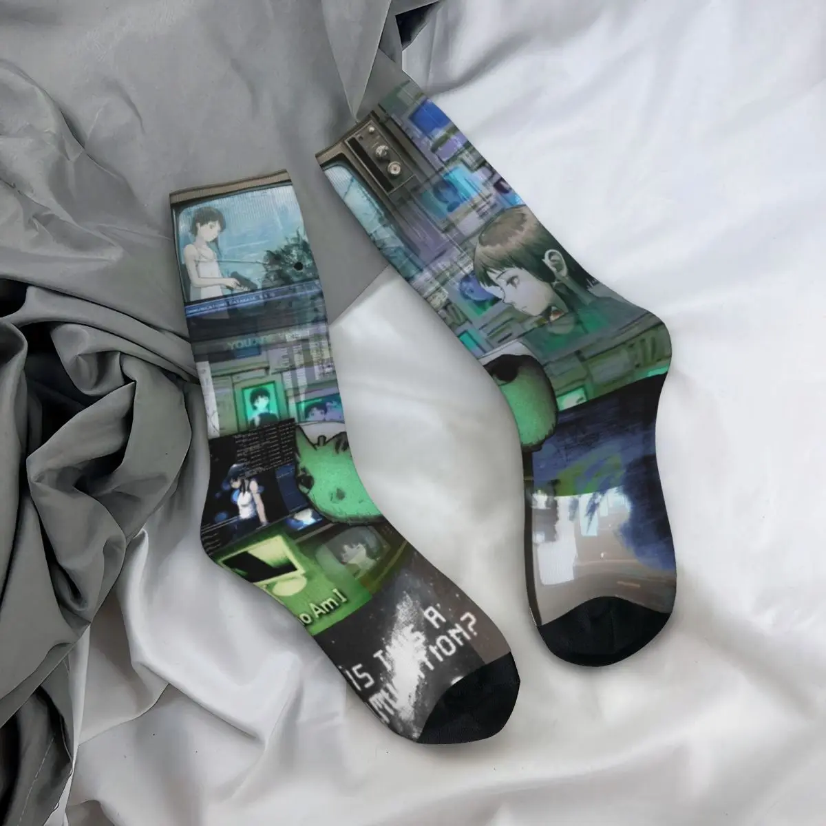 Funny Serial Experiments Lain Football Socks Polyester Crew Socks for Unisex Breathable