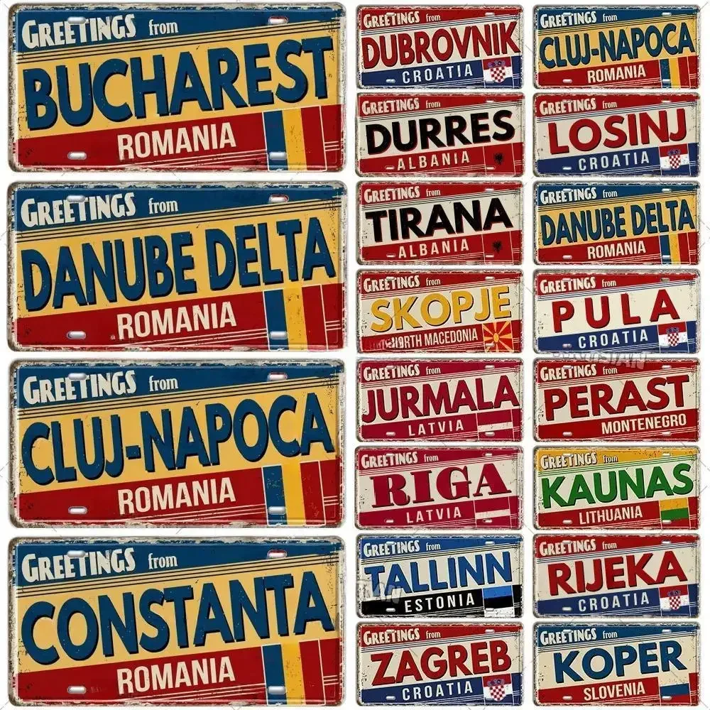 Romania Hungary Slavic Croatia Estonia Latvia Ukraine Russia Lithuania License Plate Landmark Metal Sign City Plaque Wall Dec
