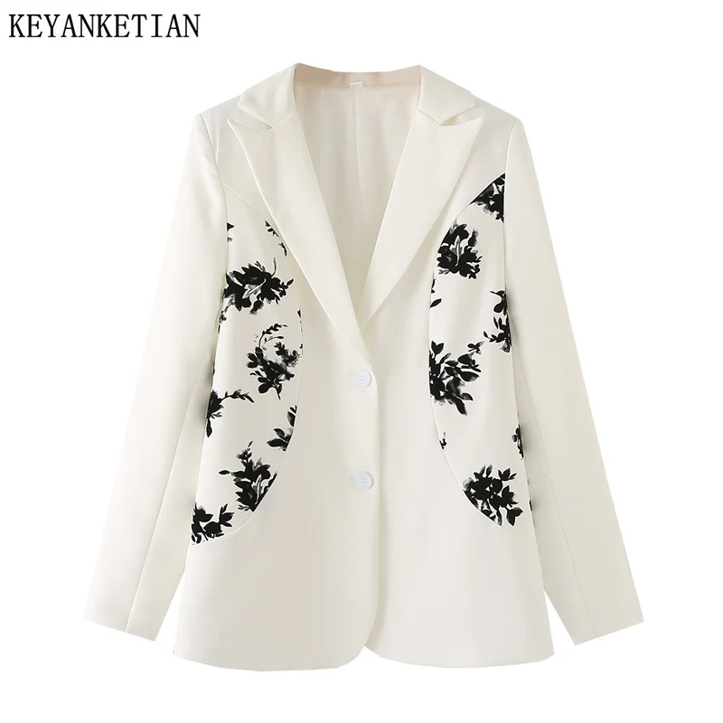 

KEYANKETIAN 2024 New Launch Women's Jacquard Decoration Suit Spring Chic Retro style Single Breasted Slim Office Lady Outerwear