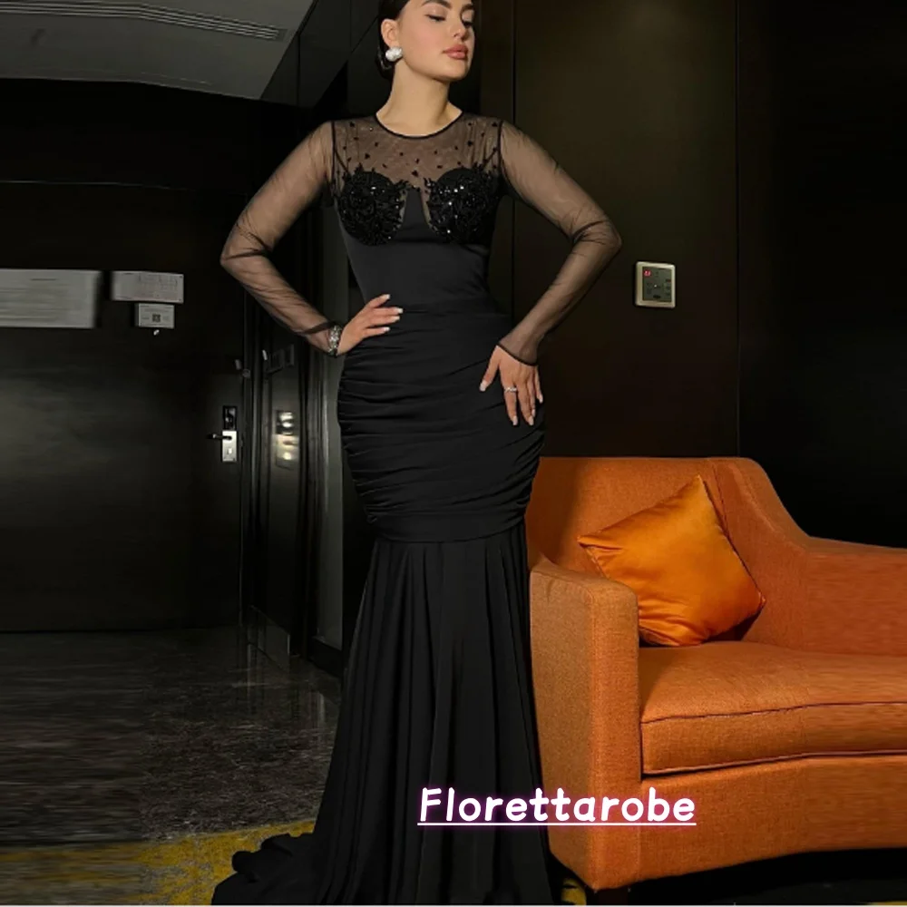 

Florettarobe Вечерние платья из черного джерси Изысканное платье для выпускного вечера с круглым вырезом и длинными рукавами Модное вечернее платье со шлейфом ﻿ Индивидуальный