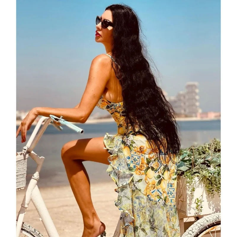 One Piece Swimsuit For Women European And American One-piece Swimsuit V-neck Mesh Splicing Lemon Print Swimsuit Suit Women