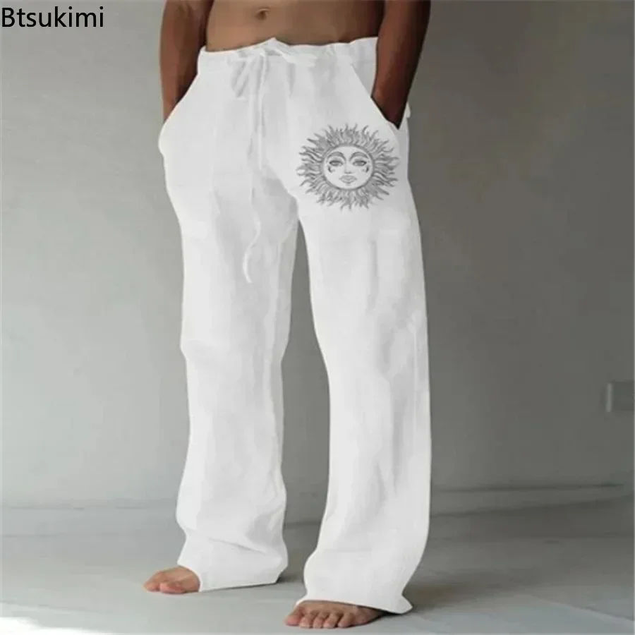 2024 Men\'s Cotton Linen Pants Oversized Jogger Sweatpants Casual Flower Print Plus Size Loose Wide Leg Pants Men Casual Trousers