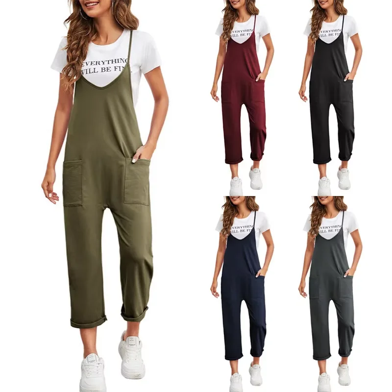 

Spring 2025 Women's Casual Loose Straight Jumpsuit with Pockets Solid Color Strap Detailing Comfortable Fit