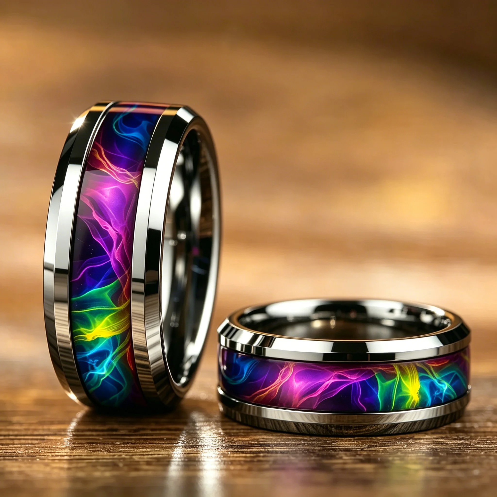 Men Stainless Steel Rings, 8mm Galaxy Style Rainbow Gradient Nebula Inlay Polished Beveled Edge Rings for Men Wedding Bands
