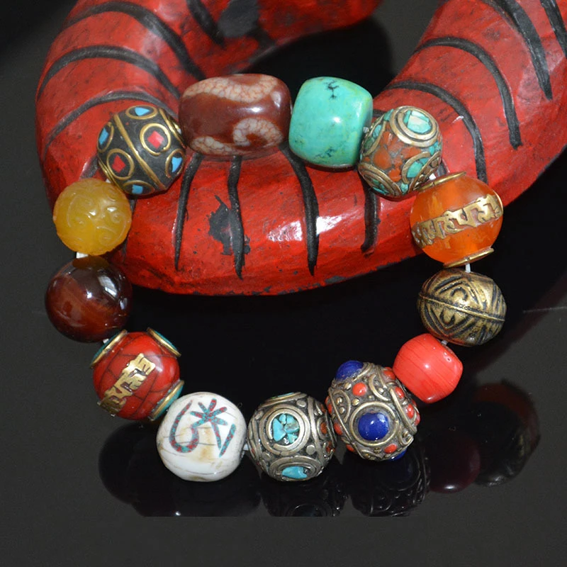 

Jiu Mi Fang Nepal Ruyi Dzi Multi-Treasure Bracelet With Tibetan-Style Turquoise And Eye Bodhi Beads