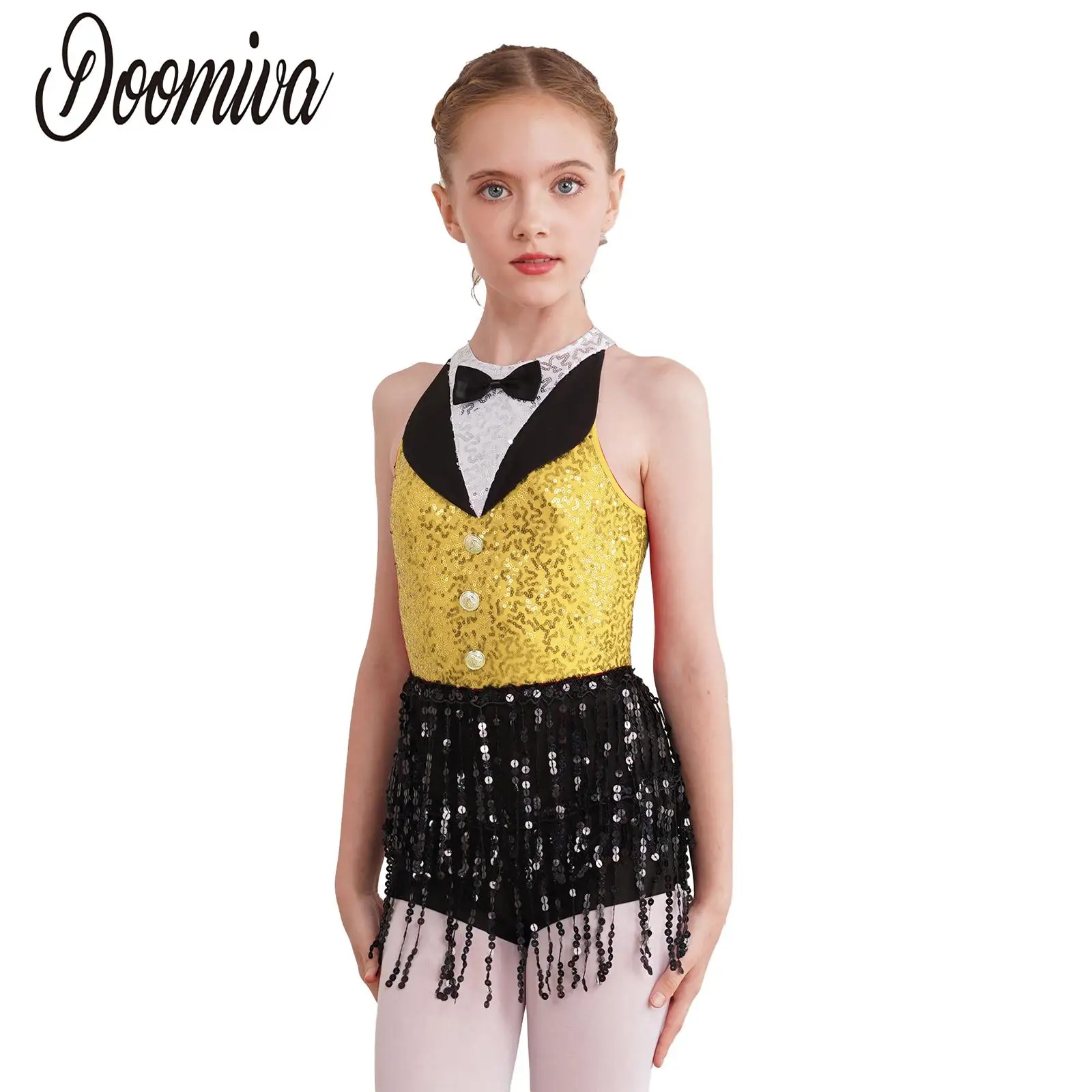 

Girls Latin Jazz Salsa Tango Dance Dress Shiny Halter Sleeveless Leotards Tassel Sequine Skirted Dance Dress Performance Costume