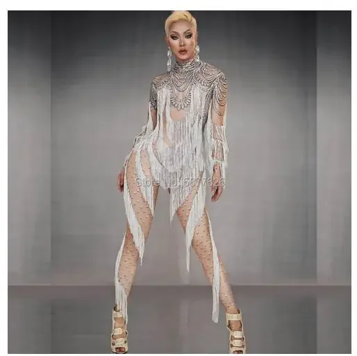 

Rhinestone White Tassel Long Sleeves Jumpsuit nude bodysuits Women singer stage show bodysuit