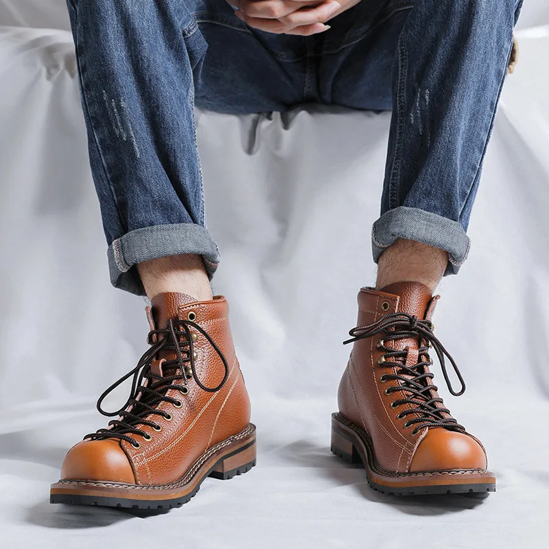 Botas de cuero genuino para hombre, zapatos de trabajo Vintage de alta calidad, estilo británico, zapatos de plataforma de primavera