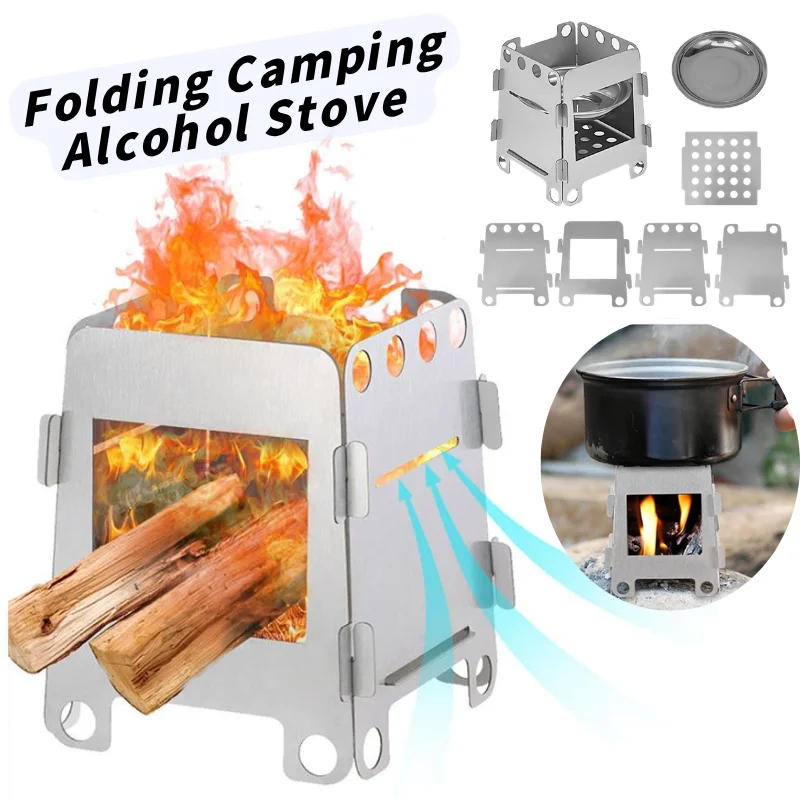 Tragbarer Campingkocher aus Edelstahl, faltbarer Camping-Alkoholkocher, Outdoor-Wandern, Reisen, Grillen, Picknick, Kochausrüstung