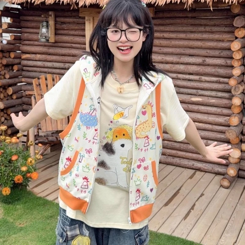 Japanese Anime Subculture Y2K Graffiti Hooded Women's Waistcoat Original Design Sweet Cute Age-Reducing Sleeveless Jacket Ladies